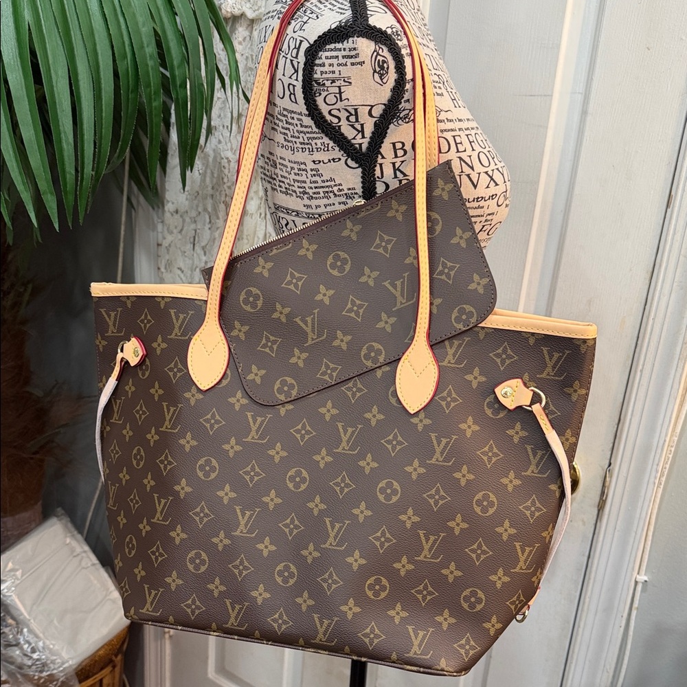 Louis Vuitton Monogram Canvas Brown Tote Bag with Beige Trim